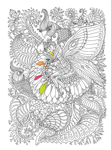 Большая раскраска с мелкими деталями и цветными фрагментами: Легенда о драконе