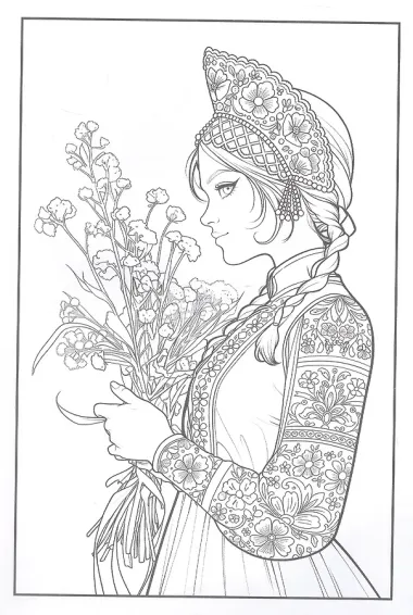 Раскраска. Девушка в кокошнике