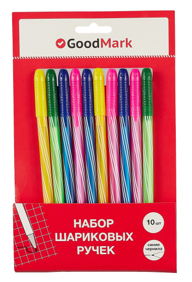 Ручки шариковые синие 10шт. "Stripes" подвес, GoodMark