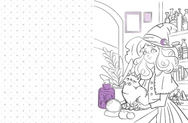 Очаровательная ведьма и её котик. Раскраска