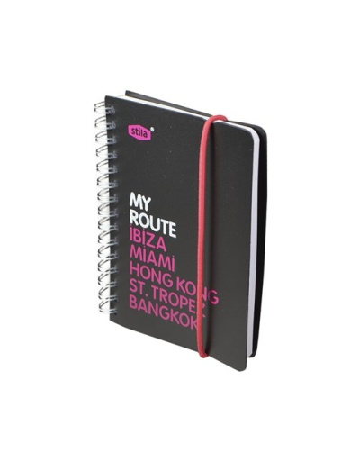 Записная книжка А6 80л лин. "MY ROUTE" спираль, пластик.обл., резинка, черно-розовая, stila