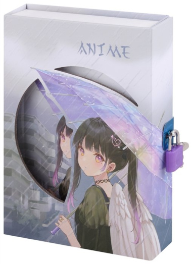 Записная книжка А6+ 50л "Аниме. Девушка с крыльями под зонтиком" в коробке с замочком, ассорти